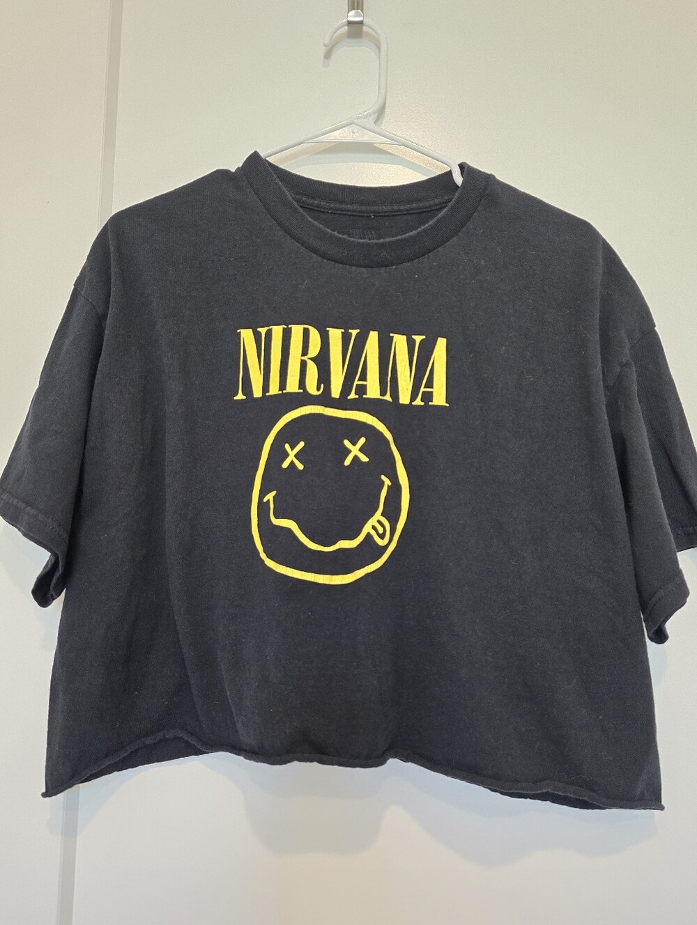 NIRVANA Black Tee with Yellow Smiley Logo Crop Oversized Boxy Fit